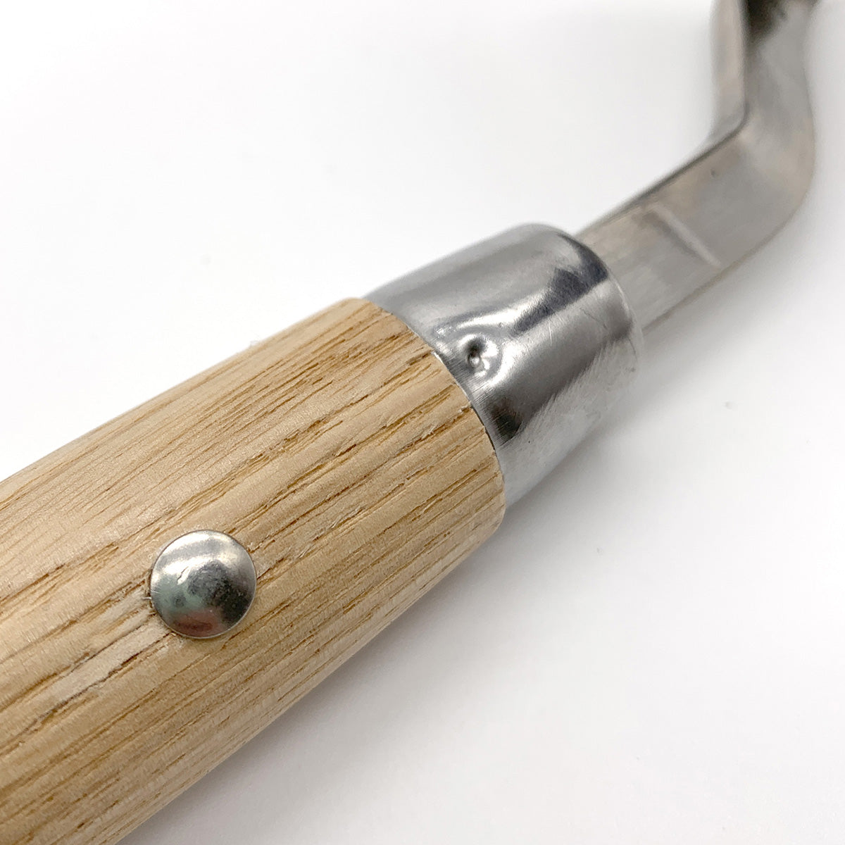 A garden hand hoe with an ash wood handle, genuine leather strap, and a stainless steel head.